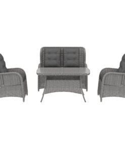 Outsunny Garden PE Rattan Dining Sofa Set, Outdoor 4 Seater Wicker Furniture, High Back Chairs with Cushions, Tempered Glass Coffee Table for Patio, Light Grey