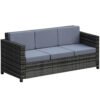 Outsunny 3 Seater All Weather Outdoor Sofa, Garden Rattan Sofa with Cushions and Mental Frame, Grey