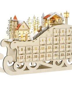 HOMCOM Christmas Advent Calendar, 2021 Light Up Table Xmas Wooden Sleigh Holiday Decoration with Countdown Drawer, Village, for kids Adults, Natural Wood Color