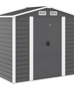Outsunny 7 x 4ft Garden Shed, Easy to Assemble, Upgraded Galvanised Steel Frame with Foundation Kit, Double Doors with Lock, Outdoor Metal Shed with Vents and Gloves, Garden Storage Shed, Dark Grey