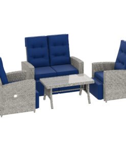 Outsunny 4 Piece Rattan Garden Furniture Set Outdoor Sofa Sectional Set with Glass Top Table for Poolside, Navy Blue