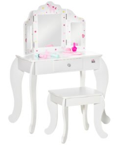 HOMCOM Kids Vanity Table and Chair Set with Tri-Folding Mirror and Stool, Makeup Dressing Table with Drawer, White