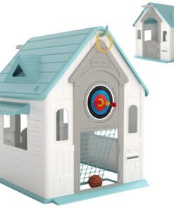 AIYAPLAY 5-in-1 Playhouse for Kids Outdoor Indoor with Basketball Hoop, Football Goal, Dartboard, Ring Toss for 2-5 Years, Beige