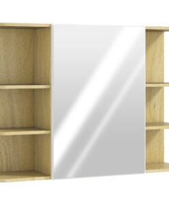 HOMCOM Bathroom Mirror Cabinet with Open Storage Shelves - Natural Wood Finish