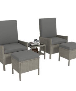 Outsunny 5 Piece Rattan Garden Furniture Set, Wicker Patio Sofa Set with 2 Armchairs, 2 Footstools, Glass Top Coffee Table with Shelf, Outdoor Furniture with Adjustable Backrests, Cushions, Dark Grey