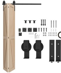HOMCOM 4FT/122CM Bi-Folding Sliding Barn Door Hardware Track Kit, Heavy Duty Sliding Door Kit for 2 Doors with J Shape Hanger