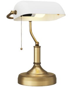 HOMCOM Banker's Desk Lamp with Antique Bronze Tone Base, Table Lamp with White Glass Shade for Home Office, White