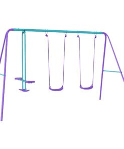 Outsunny Metal Swing Set, with Seesaw, Adjustable Height, for Ages 3+ Years, Purple