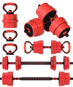 SPORTNOW 30kg Four-In-One Adjustable Weight Dumbbells Set, Barbell, Kettlebell, Push Up Stand - Red