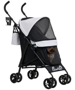 PawHut Foldable Dog Stroller, Lightweight Dog Pram w/ Shoulder Strap, Storage Bag, Cup Holder, Light Grey
