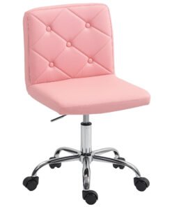 HOMCOM PU Leather Armless Office Chair, Modern Vanity Computer Swivel Chair with Rolling Wheels and Adjustable Height for Home Study, Bedroom, Pink