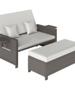 Outsunny Rattan Day Bed, with Footstool - Light Grey