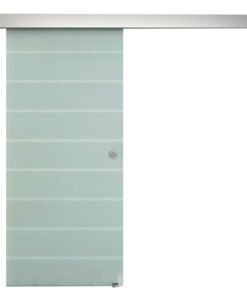 HOMCOM 90cm Sliding Glass Door with Hardware Track Kit, Frosted Tempered Glass with Stripe Pattern, Round Handle