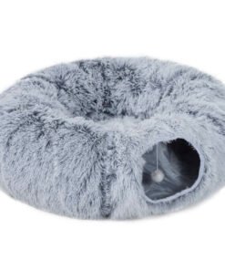 PawHut 2-in-1 Donut Cat Tunnel with Washable Bed, Play Tunnel Bed with Toy Ball and Door Hole for Indoor Cats, Light Grey