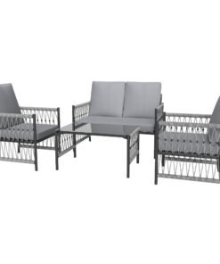 Outsunny 4 Piece Rattan Garden Furniture Set, 4 Seater Wicker Patio Conversation Set with 2 Armchairs, Loveseat, Glass Top Coffee Table and Cushions for Outdoor, Balcony, Grey