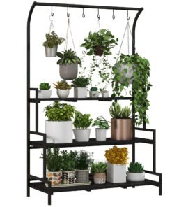 Outsunny 3 Tiered Plant Rack with Hanging Hooks, Tall Plant Stand for Indoor Outdoor Porch Balcony Use, Black