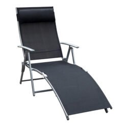 Outsunny Sun Lounger Steel Frame Outdoor Folding Chaise Texteline Lounge Chair Recliner with Headrest & 7 Levels Adjustable Backrest, Black