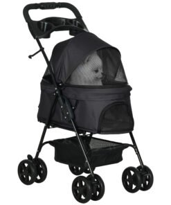 PawHut Dog Pram Dog Stroller Foldable Pet Pushchair with 4 Wheels, Safety Leashes, Cup Holder for Small Dogs, Black