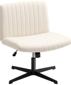 HOMCOM Armless Office Chair No Wheels, Linen Fabric Criss Cross Legged Desk Chair with Wide Seat, Thick Padding, Tilt Function, Height Adjustable Swivel Computer Seat for Home, Cream