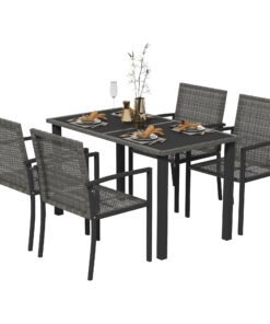 Outsunny Outdoor Dining Set 5 Pieces Patio Conservatory with Tempered Glass Tabletop,4 Dining Chairs - Grey