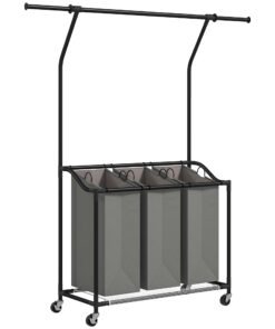 HOMCOM 3x 42L Laundry Basket Unit, with Hanging Rail - Black/Grey