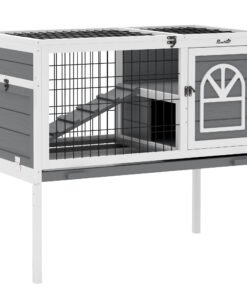 PawHut Wooden Rabbit Hutch, Guinea Pig Cage, with Removable Tray, Openable Roof, Grey