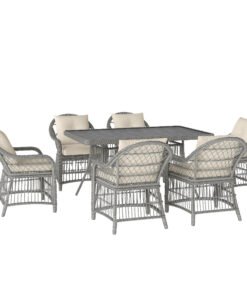 Outsunny Rattan Dining Set with Seat and Back Cushions, 6 Seater Garden Furniture Set with Aluminium Frame, 6 Chairs, WPC Top Rectangle Table, Conservatory Wicker Patio Furniture, Grey