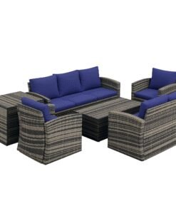 Outsunny 6 Pieces Rattan Garden Furniture Set, 7 Seater Wicker Outdoor Furniture Set with Storage Tea Table & Side Table, Sectional Garden Sofa Set with Cushions, Navy Blue