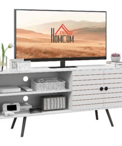 HOMCOM TV Stand with Cupboard, Open Shelves, Striped Doors, Wooden legs, White