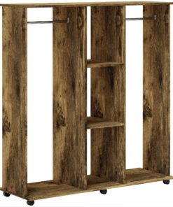 HOMCOM Open Wardrobe Double Mobile Storage Shelves Organizer W/6 Wheels-Rustic Brown