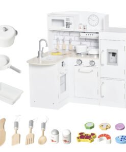 HOMCOM Kids Play Kitchen Wooden Toy Kitchen Cooking Set for Children with Drinking Fountain, Microwave, and Fridge White