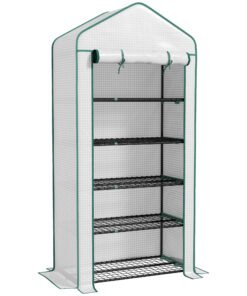 Outsunny 5 Tier Widened Mini Greenhouse with Reinforced PE Cover, Portable Indoor Outdoor Green House with Roll-up Door and Wire Shelves, 193H x 90W x 49Dcm, White