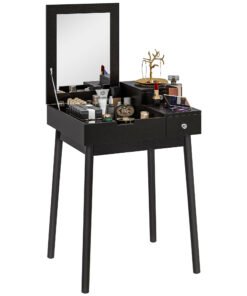 HOMCOM Dressing Table with Flip-up Mirror, Makeup Desk with 2 Drawers and Pine Wood Legs, Vanity Table Writing Desk for Bedroom Living Room, Black