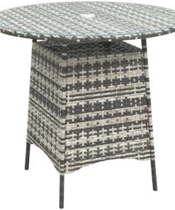 Outsunny Wicker Garden Rattan Table, Patio Furniture Outdoor Coffee Table with Umbrella Hole and Tempered Glass Top, Grey