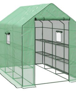Outsunny Walk-in Greenhouse with 3 Tier 12 Shelves, Small Greenhouse with Reinforced PE Cover, Garden Plant Growhouse with Roll-up Door and Three Mesh Windows, 140 x 213 x 190 cm, Green