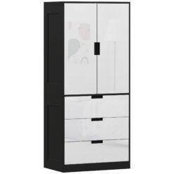 HOMCOM 2 Door Wardrobe, Modern Wardrobe with 3 Drawers and Hanging Rod for Bedroom, High Gloss White