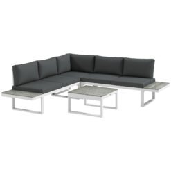 Outsunny 4 Pieces Garden Furniture Set, 5-Level Reclining Garden Corner Sofa Set, Outdoor Lounge Conversation Sectional with Cushions, Wood Effect Plastic Table, White Frame & Grey Cushion