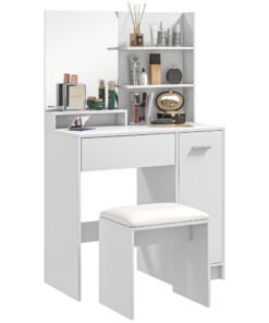 HOMCOM Dressing Table and Stool Set, with Storage - White