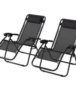 Outsunny Zero Gravity Chair Set of 2, Metal Frame Texteline Armchair Outdoor Folding and Reclining Sun Lounger with Head Pillow for Patio Decking Gardens Camping, Black