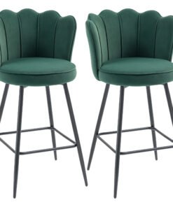 HOMCOM Set of Two Velvet-Feel Lotus Bar Stools - Dark Green