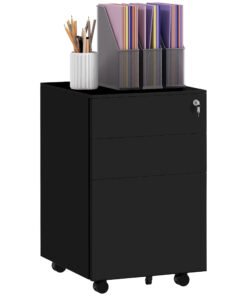 Vinsetto 3-Drawer Vertical Filing Cabinet with Pencil Tray, Lock and 5 Wheels, Steel Mobile File Cabinet, for A4, Legal and Letter Size, Pre-Assembled Body, Black