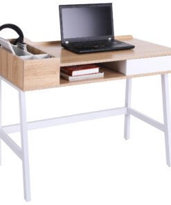 HOMCOM Computer Desk, Writing Desk, Study Workstation with Drawer, Storage Compartments, Cable Management, Laptop Table, Metal Frame, 100 x 55 x 81.5cm, Oak and White