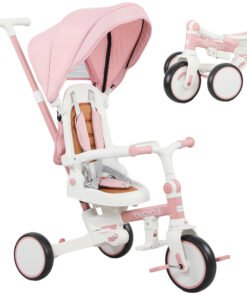 AIYAPLAY 5 in 1 Kids Trike with Adjustable Backrest, Toddler Tricycle with Push Handlebar, Adjustable Backrest, Pink