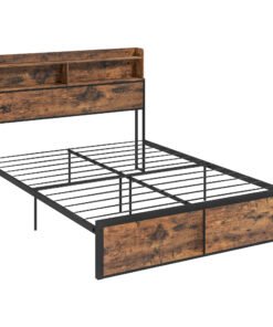 HOMCOM Industrial King Bed Frame, 5.2FT Steel Bed Base with Storage Headboard, Footboard, Slatted Support and Under Bed Storage, 158 x 222cm, Rustic Brown