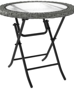 Outsunny Folding Rattan Garden Dining Table, 68 cm Round Rattan Garden Table with Water Ripple Tempered Glass Top, Wicker Edging and Steel Frame for Outdoor, Patio, Grey