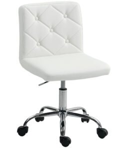 HOMCOM PU Leather Armless Office Chair, Modern Vanity Computer Swivel Chair with Rolling Wheels and Adjustable Height for Home Study, Bedroom, White