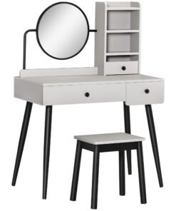 HOMCOM Dressing Table Set with Mirror and Stool, Vanity Makeup Table with 3 Drawers and Open Shelves for Bedroom, Living Room, Grey