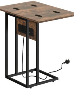 HOMCOM C Shaped Side Table with Charging Station and Foldable Top - Rustic Brown