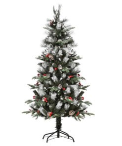 HOMCOM 5FT Artificial Snow Dipped Christmas Tree Xmas Pencil Tree Holiday Home Party Decoration with Foldable Feet Red Berries White Pinecones, Green