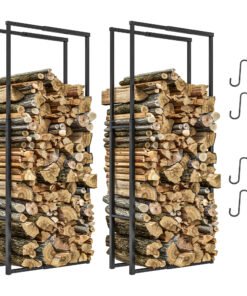 Outsunny Firewood Log Rack Set of 2, Retractable Metal Wood Store Holder, Indoor Outdoor Fireplace Log Storage Shelf with Hooks, 65 x 25 x 150 cm, Black